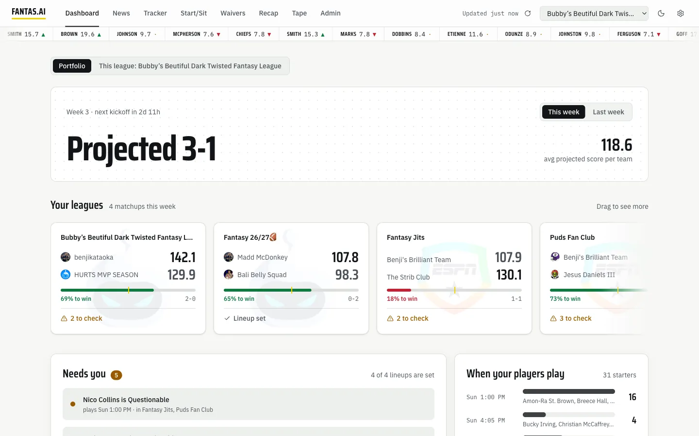 Portfolio view: every league with a projected record for the week